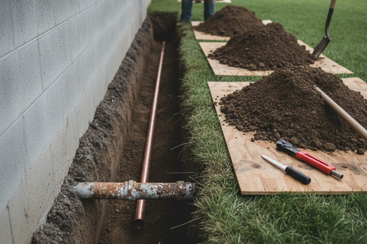 Excavated water line trench during Sewer Line Repair in Mapleton